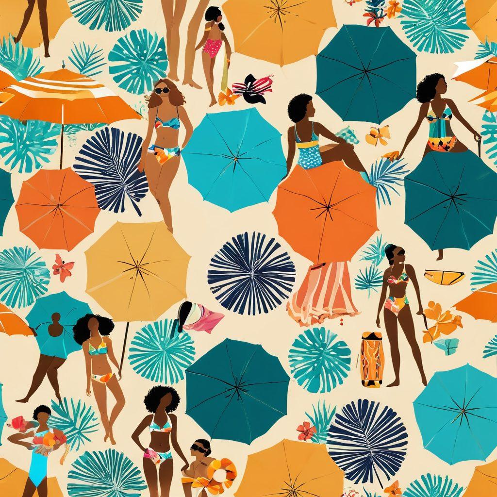 A vibrant beach scene showcasing a diverse group of stylish individuals wearing various swimwear: classic cuts in soft pastel colors, bold prints with tropical patterns, and trendy silhouettes. The background features warm golden sands, turquoise waves, and colorful beach umbrellas, evoking a sense of summer fun and trendiness. Capture the joy of lounging, splashing water, and sunbathing. vibrant colors. summer vibe. super-realistic.