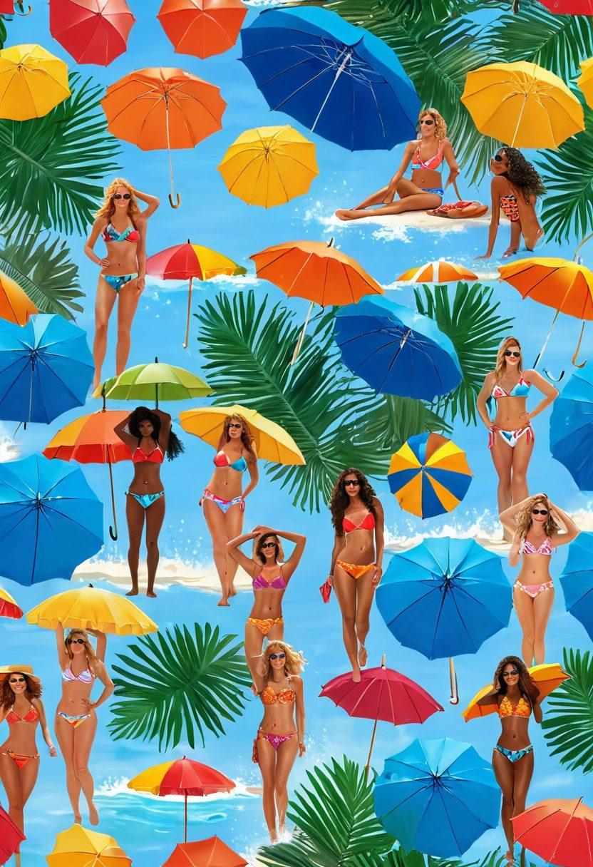 A vibrant beach scene filled with diverse models showcasing the latest bikini styles, surrounded by colorful beach umbrellas and sunbathers, with the sun shining in a clear blue sky. Include splashes of waves and tropical palm trees in the background, encapsulating the joy of summer. super-realistic. vibrant colors. beach theme.